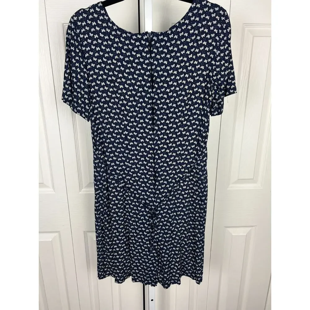 Vintage Bow Print Romper Dress Blue Rayon 90s Button‎ Front XS